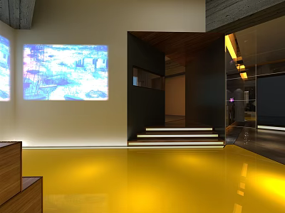 Modern Restaurant Interior With Yellow Flooring Projection Screens And Ambient Lighting 3d model