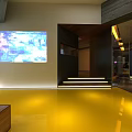 Modern Restaurant Interior With Yellow Flooring Projection Screens And Ambient Lighting