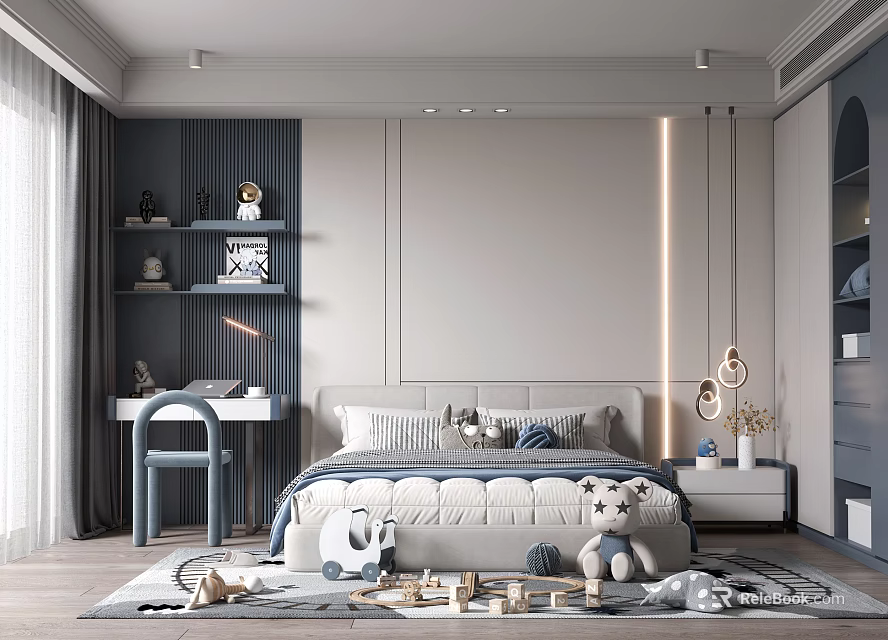 Modern Kids Room Interior with Bed Stuffed Toys Desk Shelves and Toys on Rug 3d model 
