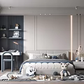 Modern Kids Room Interior with Bed Stuffed Toys Desk Shelves and Toys on Rug
