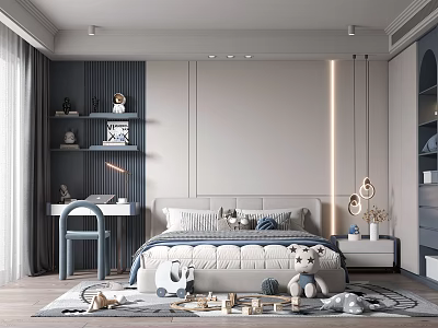 Modern Kids Room Interior with Bed Stuffed Toys Desk Shelves and Toys on Rug 3d model