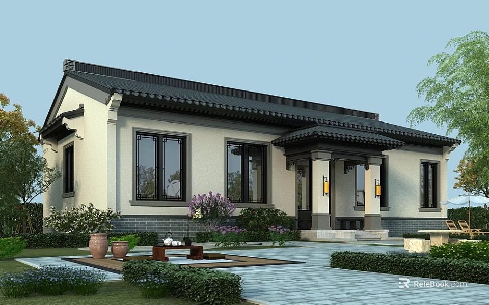 Traditional Chinese Style Detached Villa With Courtyard Garden Black Roof White Walls Green Plants 3d model 