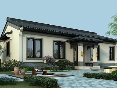 Traditional Chinese Style Detached Villa With Courtyard Garden Black Roof White Walls Green Plants 3d model