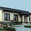 Traditional Chinese Style Detached Villa With Courtyard Garden Black Roof White Walls Green Plants