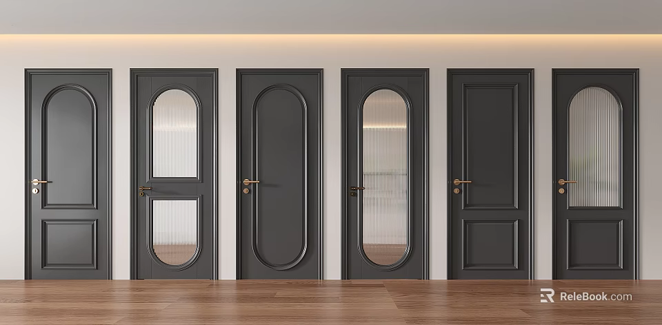 Dark Gray Swing Doors Various Designs With Circular Glass Panels Golden Handles 3d model 