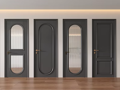 Dark Gray Swing Doors Various Designs With Circular Glass Panels Golden Handles 3d model