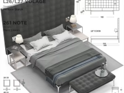 Modern Double Bed Design With Tufted Headboard Gray Bedding Nightstand And Bed Bench 3d model