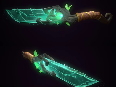 Transparent Green Glowing Sword Design With Wrapped Handle And Leaf Accents 3d model