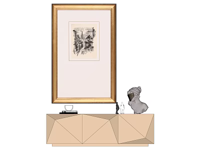 Golden Framed Black And White Artwork On Geometric Cabinet Interior Decor 3d model
