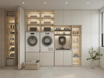 Modern Laundry Room Interior With Washing Machines Cabinets Open Shelves Storage Baskets And Potted Plant 3d model