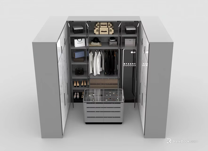 Modern Wardrobe Interior Design With Hanging Clothes Drawers Shoe Rack And Storage Boxes 3d model 