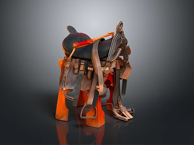 Vintage Leather Saddle Display On Wooden Stand With Straps And Stirrups 3d model