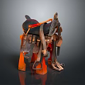 Vintage Leather Saddle Display On Wooden Stand With Straps And Stirrups