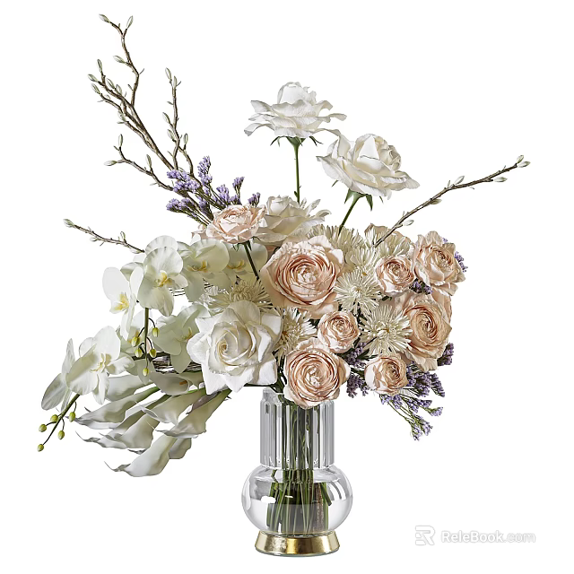 Glass Vase With White Pink Roses And Purple Flowers Decorative Arrangement 3d model 