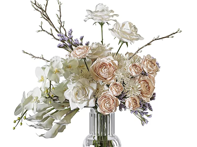 Glass Vase With White Pink Roses And Purple Flowers Decorative Arrangement 3d model