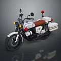 White Police Motorcycle With Red Emergency Lights Brown Leather Seat And White Side Storage Boxes
