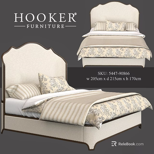 Hooker Furniture Double Bed With Upholstered Headboard Striped Floral Bedspread And Pillows 3d model 