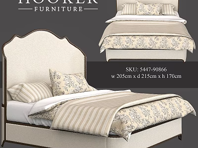 Hooker Furniture Double Bed With Upholstered Headboard Striped Floral Bedspread And Pillows 3d model