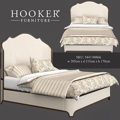 Hooker Furniture Double Bed With Upholstered Headboard Striped Floral Bedspread And Pillows 3d model