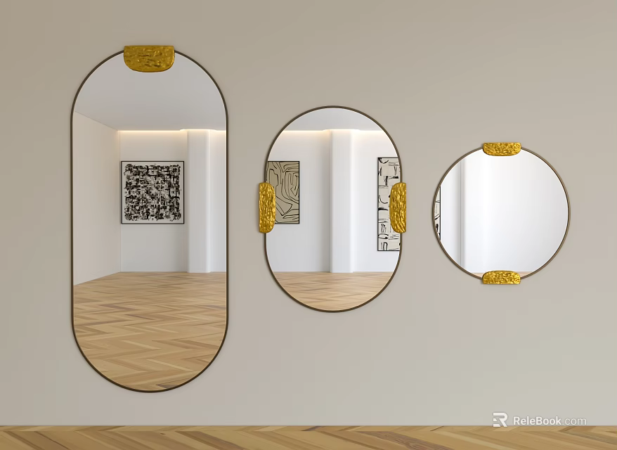 Elegant Oval And Round Mirrors With Golden Decor Accents In Modern Interior Design 3d model 