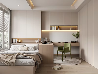 Modern Tatami Bedroom Interior With Desk Green Chair And Storage Cabinets 3d model