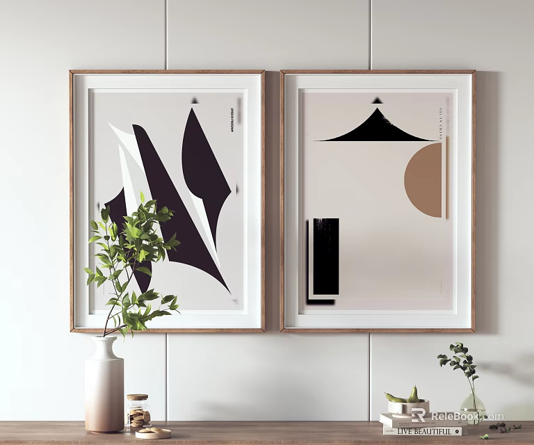 Abstract Art Prints Hanging With Greenery And Decorations 3d model