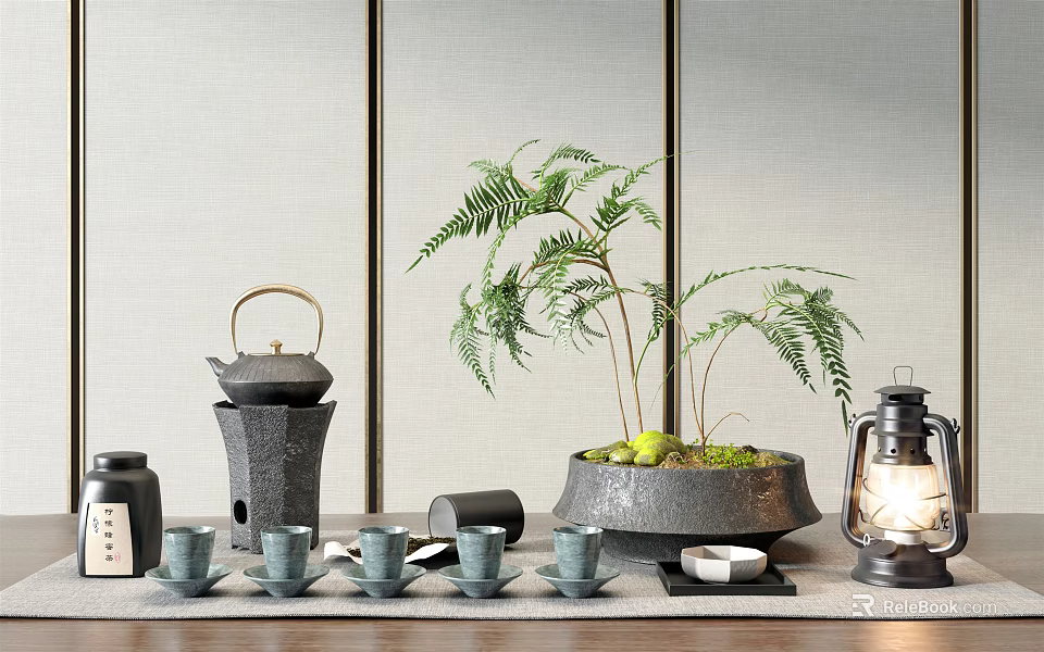 Traditional Tea Set Display With Black Teapot Multiple Teacups Potted Fern And Lantern 3d model 
