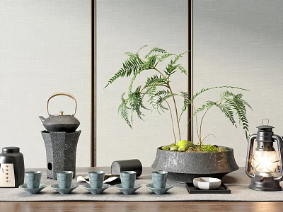 Traditional Tea Set Display With Black Teapot Multiple Teacups Potted Fern And Lantern 3d model