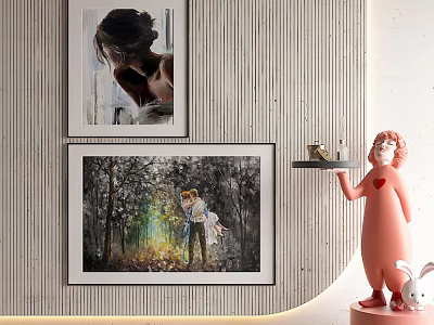 Figure Paintings Decor Modern Interior With Single Portrait And Two People In Forest Light 3d model