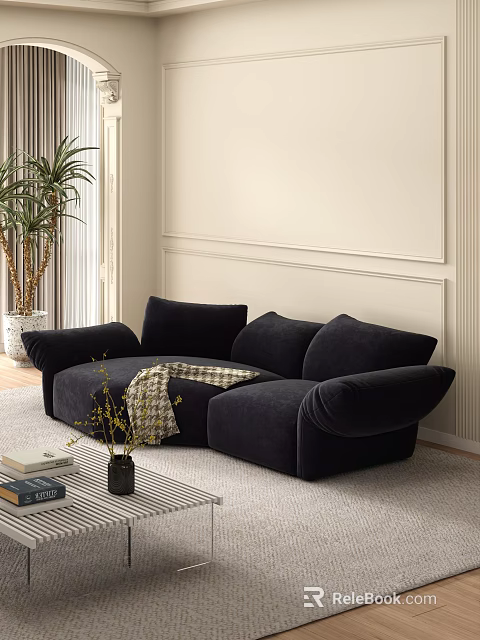 Cozy Modern Living Room Interior With Blue Velvet Modular Sofa Beige Walls And Potted Plant 3d model 