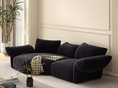 Cozy Modern Living Room Interior With Blue Velvet Modular Sofa Beige Walls And Potted Plant 3d model