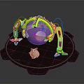 Mechanical Device With Green Arms Supporting Transparent Sphere And Small Hamster On Platform 3d model