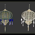 Chinese Style Decorative Pair Of Lanterns With White Shade Floral Pattern And Golden Tassels