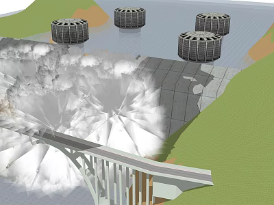 Large Industrial Cooling Towers Over Water With Bridge And Misty Clouds 3d model