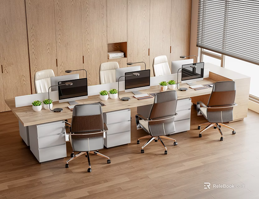 Modern Office Desk Workspace With Ergonomic Chairs Computers Small Green Plants And White Drawers 3d model 