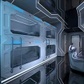 Futuristic Hotel Room Interior With Metallic Accents Blue Lighting And Workstation
