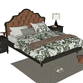 Double Bed with Tufted Brown Headboard Green Floral Bedspread Dark Nightstands and Light Rug