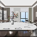 Modern Private Dining Room With Round Table Chairs Sofa And Floor to Ceiling Windows 3d model
