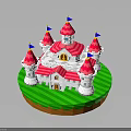 Fairy Tale Castle Model With White Towers Pink Roofs Blue Flags And Green Grass Base