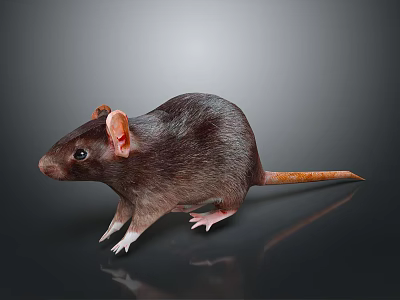 Brown Rat With Detailed Fur Large Ears And Long Tail Standing On Reflective Dark Surface 3d model