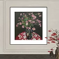 Botanical Painting of Pink Flowers in Vase on Patterned Tablecloth for Living Room Wall Decor
