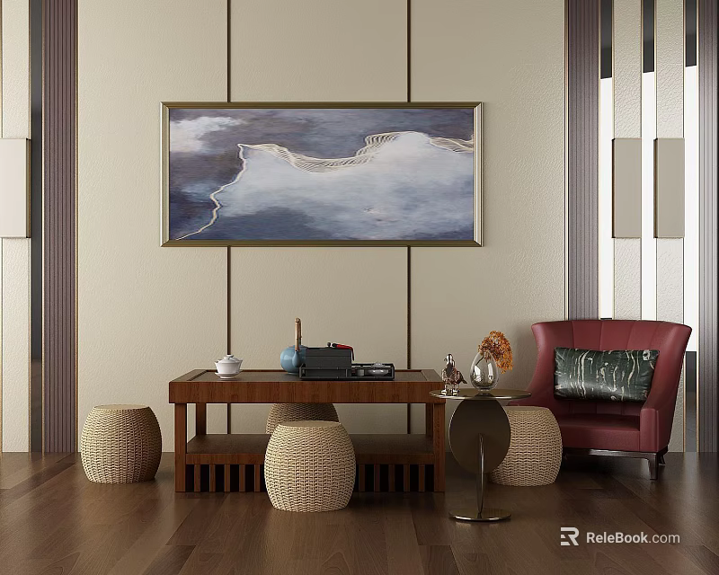 Modern Living Room Interior With Wooden Coffee Table Wicker Stools And Abstract Painting Red Armchair 3d model 
