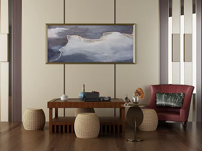 Modern Living Room Interior With Wooden Coffee Table Wicker Stools And Abstract Painting Red Armchair 3d model