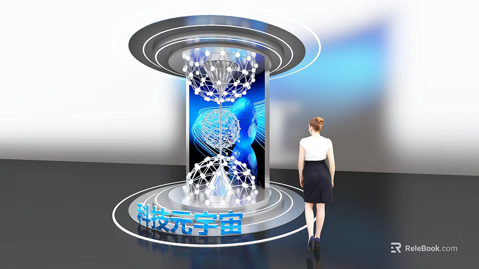 Modern Tech Inspired Display Shelf Design With Illuminated Rings And Metaverse Elements 3d model 