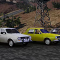 Various Colored Vintage Cars Lined Up On Road With Hills And Tower Background