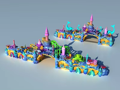 Colorful Castle Style Building Exterior with Spires Arches and Vibrant Fairy Tale Design 3d model