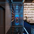 Modern Bar Interior with Colorful Spherical Pendant Lights Stage Tables Chairs and Lighting Effects