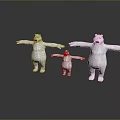 Three Polar Bear Models in Different Sizes with Arms Outstretched against Gray Background with Reflections 3d model