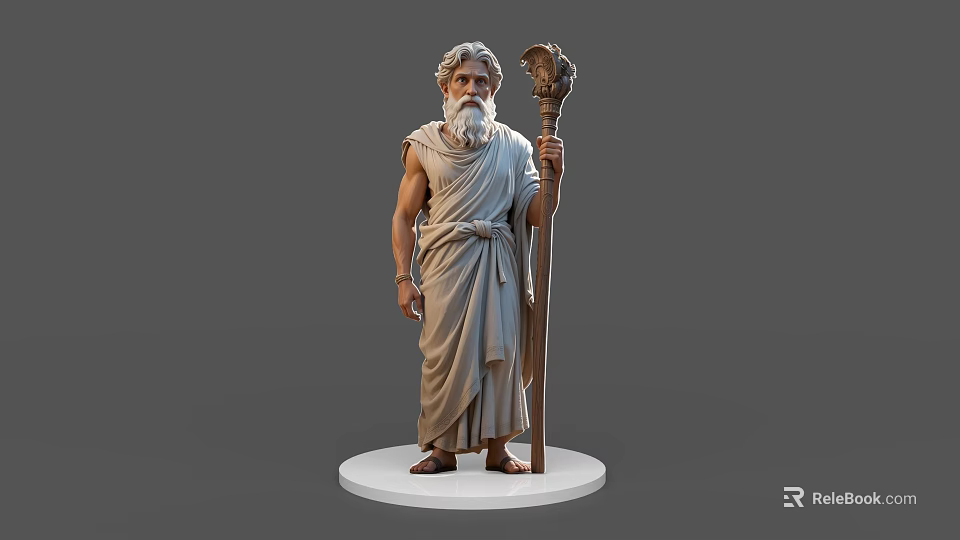 Game Movie Character Old Man With Long Beard Holding Staff Wearing Robe Statue Design 3d model 