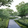 Garden Path Paving With Neatly Designed Walkway Surrounded by Green Trees and Lush Lawn